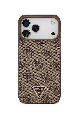 Apple iPhone Uyumlu 18 Pro Max Kılıf Guess Lisanslı M-safeli Taşlı Üçgen Logo 4g Desenli Strass Kapak Kahverengi
