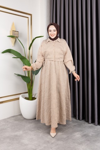 Hira Life Fashion Kadın Vizon Tesettür Giyim Gömlek Detaylı Çizgili Viskon Kıraş Elbise Ikili Takım Vizon Vizon