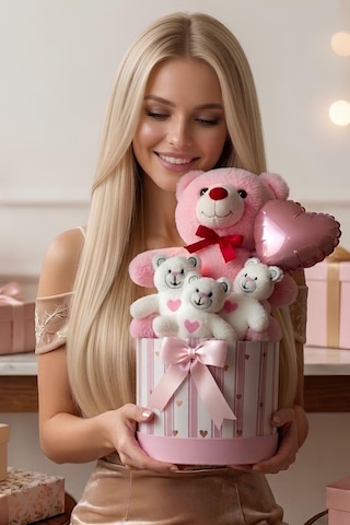 Pembe Peluş Ayıcık Buketi Hediye Kutusu Kalpli Balonlu Sevimli Ayı Seti Sevgiliye, Arkadaşa & Bebek Hediyesi