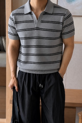 Tarz Cool Erkek Çizgili Polo Yaka Viskon Triko Tişört Slim Fit Yazlık Şık Triko Polo Gri