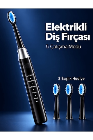 3 Yedek Başlık Hediyeli Usb Şarjlı Siyah Elektrikli Diş Fırçası Diğer