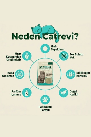 Catrevi Topaklanan Doğal Mısır Koçanı Kedi Kumu %99 Tozsuz Aktif Karbonlu Koku Hapseden Parfümsüz Bitkisel 8 Lt