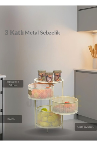 3 Katlı Sebzelik Açılır Metal Patates Soğan Sepeti Paslanmaz Meyvelik Organizer Sepet Krem Krem