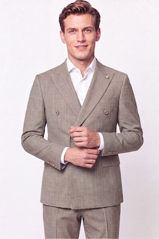 Efor Slim Fit %96 Yünlü Çift Yırtmaç Çizgili Bej Kruvaze Takım Elbise Tk 954