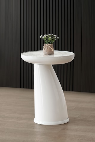 Elips Sehpa,tekli Sehpa,yan Sehpa,zigon Sehpa - Beyaz & Beyaz Mermer Desenli Beyaz Gövde & Beyaz Mermer Desenli Tabla