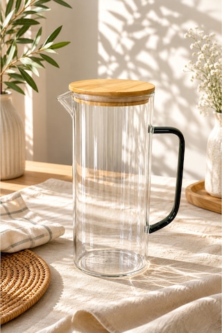 Lime - Çizgili Borosilikat Cam Sürahi 1,4 L Bambu Kapaklı Şeffaf Su Ve Meşrubat Sürahisi