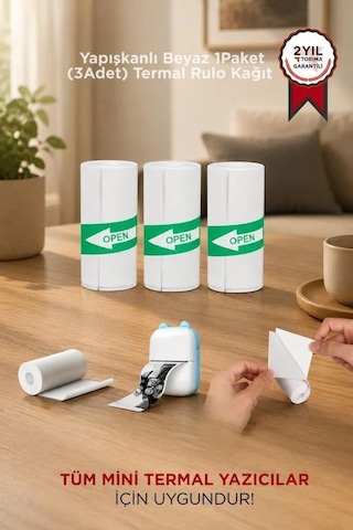 Cep Rulosu Not Kağıdı Notluk Yapışkanlı Beyaz Termal Rulo Kağıt Etiket Sticker 1paket 3adet 3