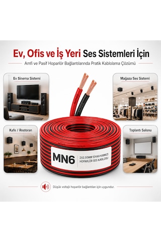 Mn6 Mn250hkf 2x2.50 Mm Hoparlör Kablosu 20 Metre Siyah Kırmızı Kordon Amfi Ve Ses Sistemi Kablosu 20 M