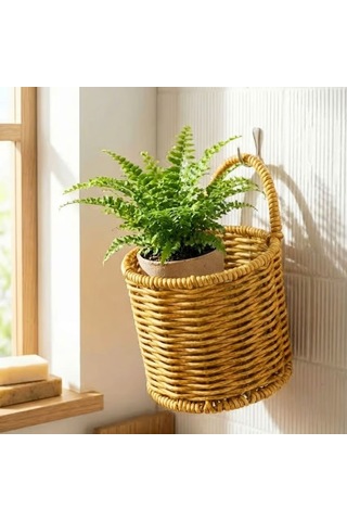 Buffer Yuvarlak Hasır Dokulu Plastik Rattan Kaşıklık & Çatallık Askılı Kendiliğinden Tutmalı Çok Amaçlı Mutfak Organi Açık Kahverengi