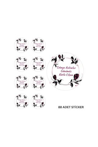 Kadınlar Gününüz Kutlu Olsun Sticker Seti - 88 Adet, Hediye Paketi Etiketi, 3.5 Cm, Yuvarlak