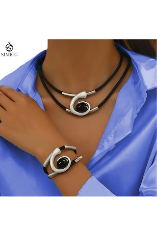 Bohem Tarzı Kolye Bilezik Seti Siyah Akrilik Salyangoz Seti Gümüş