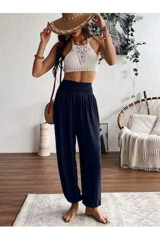 Emh Store Kadın Yüksel Bel Yoğun Büzgü Detaylı Aerobin Pantolon Lacivert