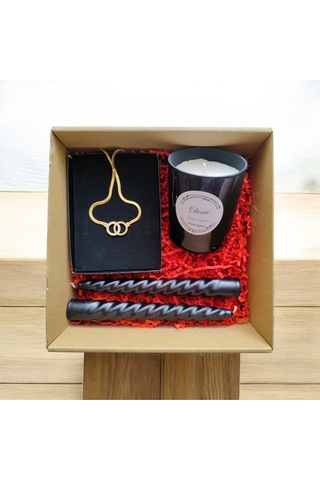 Denic Hediye Seti Kokulu Siyah Bardak Mum Halka Kolye Burgulu Mum
