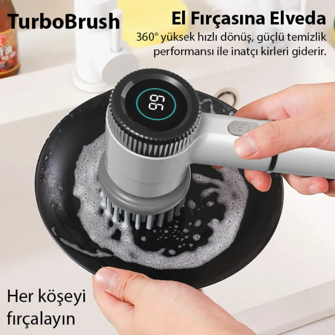Şarjlı Temizleyici Fırça Yüzey Temizleme Zorlu Kirler İçin Turbo Temizlik 5 Yedek Başlık Dahil