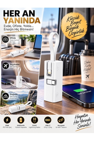 5000mah 20w Pd Hızlı Şarj Powerbank Dahili Lightning Kablolu Type-c Çıkışlı Taşınabilir BEYAZ