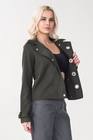 Bold & Young Kadın Viskon Polyester Likralı Kumaş Kol Ucu Toka Bantlı Kuş Gözü Aksesuarlı Çıt Çıtlı Cepli Ceket Haki