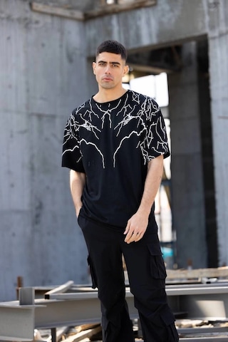 Moda Assema Erkek Yıldırım Şimşek Baskılı T-shirt Kısa Kol Bisiklet Yaka Tişört - Siyah