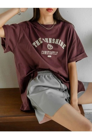 Flood Of Style Kadın Kahverengi Beyaz The Sunshine Baskılı Oversize Bisiklet Yaka Tshirt