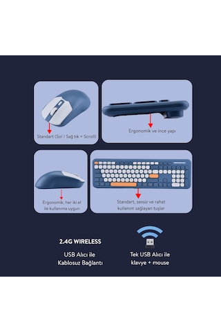 Soft Touch Kablosuz Klavye Mouse Set Lacivert + Beyaz Smk-687 Diğer