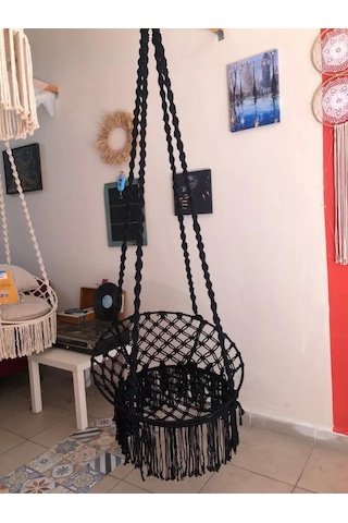 Makrome Özel Örgü Burgu Halatlı Siyah Salıncak Hamak Siyah