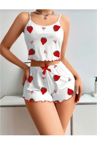 La Vıor Kadın Çilek Desenli Pijama Takımı Beyaz