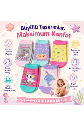 Womanandkids Wak 5 Li Kız Çocuk Çorap Seti Deniz Kızı Unicorn Desenli Pamuklu Rahat Burunlu Renkli Çok Renkli