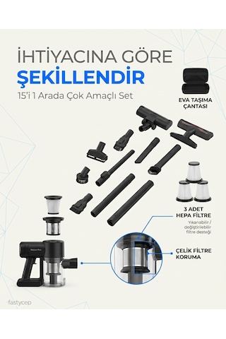 Vacuum Plus Snv-3002 15in1 Profesyonel 12.000pa Emiş Güçlü Üflemeli Şarjlı Mini Araç Süpürgesi