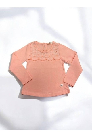 Kız Çocuk Çiçek Detaylı Pamuklu İnce Uzun Kollu Bluz-14829 Pembe