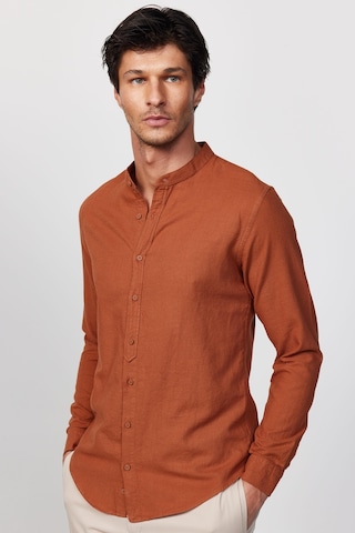 Tudors Slim Fit Dar Kalıp Uzun Kol Hakim Yaka Pamuklu Keten Efekt Kiremit Gömlek-28837-kiremit Kiremit