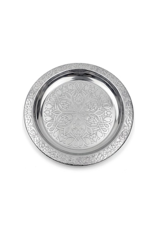 Binbir Trend 18 Cm İşlemeli Kenarlı Otantik Desenli Krom Çelik Meze Ve Servis Tabağı 30 Adet Gümüş
