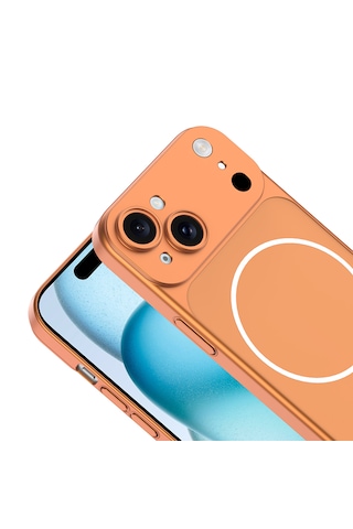 Apple Uyumlu iPhone 15 Kılıf 17 Görünümlü Kılıf Kamera Korumalı M-safe Şarj Özellikli Premium Pürüzsüz Şık Kapak Turuncu