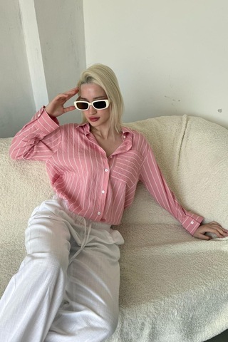 Madmext Pembe Çizgili Cepli Kadın Gömlek Mg2345 Pembe
