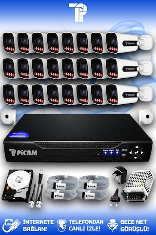 Picam 24 Kameralı Zebra 24 Dış Kamera Set 100 Gb 5 Mp 2k Net Gece Görüşlü Güvenlik Kamerası Sistemi