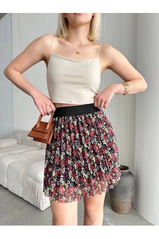 Baskılı Astarlı Mini Etek Kırmızı