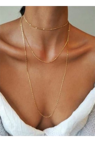 X-Ladyaccessories Kadın Üçlü Şeri Zincir Kolye Gold Kaplama Katmanlı Kolye Choker U Çok Renkli