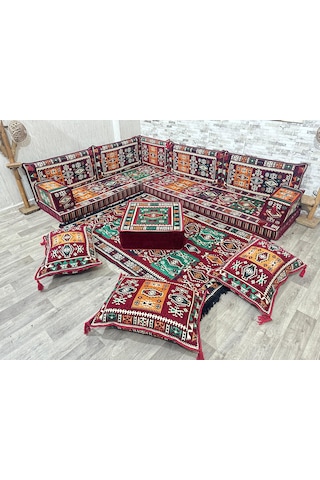 Coton Şark Köşesi Milas Desen Köşe Minder Takımı Bordo
