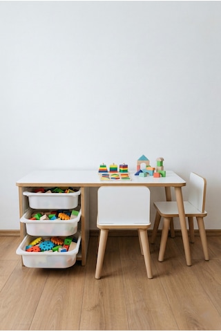 Çocuk Masa Sandalye Takımı 90x45 Cm 3 Sepetli Çocuk Çalışma Ve Aktivite Masası Yaz-sil,2 Sandalyeli Beyaz