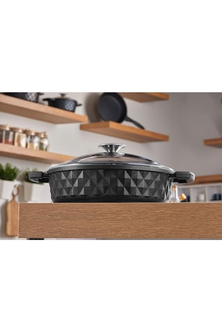 Taç Bella Cam Kapak Döküm Basık Tencere 28 Cm