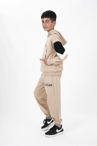 Haykids Erkek Çocuk İki İp Kumaş Baskılı Kapüşonlu Eşofman Takımı Bej