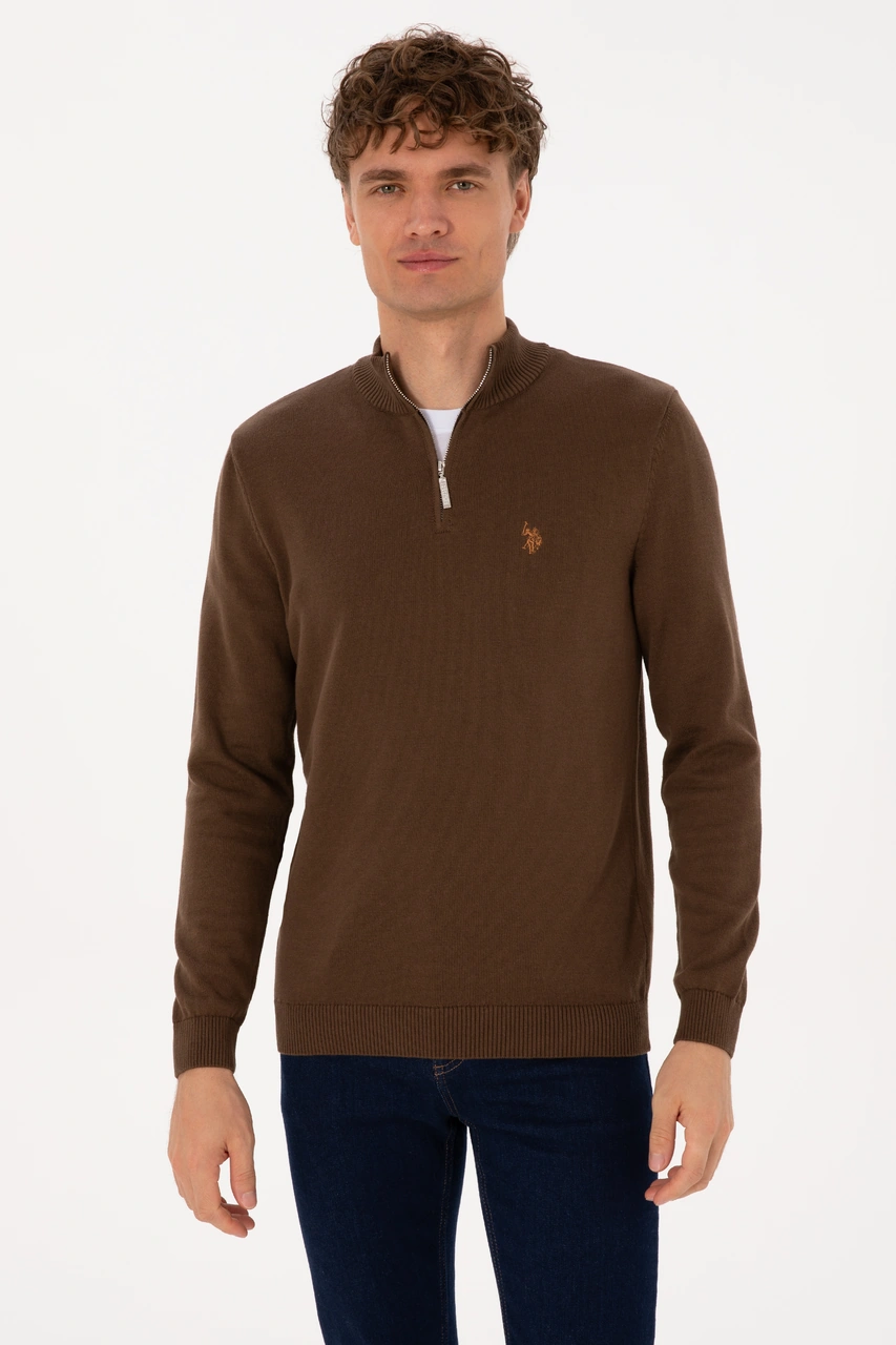 U.S. Polo Assn. Erkek Slim Fit Yarım Fermuarlı Kahverengi Basic Kazak 50313695-VR029