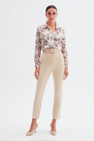 Sateen Yüksek Bel Kemerli Pantolon - Bej