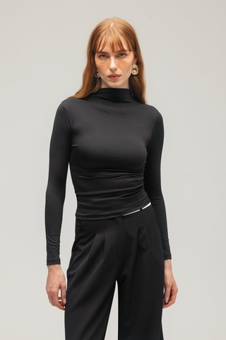 Saade Sââde Kadın Yarım Balıkçı Yaka Basic Örme Bluz - Drape Detaylı Siyah