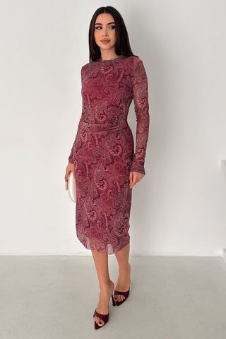 Noa & Noa Kadın Paisley Desenli Midi Elbise Burgundy Veil Bordo