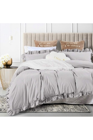 Makiteks Fırfırlı Süs Dikişli Açık Gri Çift Kişilik Nevresim Seti Açık Gri