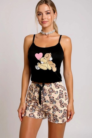 Renkli Ayıcık Desenli Askılı Şortlu Kadın Pijama Takımı Renkli