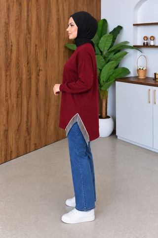 Aymiraa Kadın Püskül Detaylı Rahat Kalıp Tesettür Sweatshirt Tunik Bordo Bordo