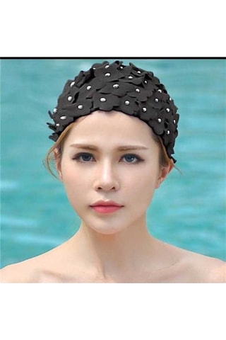 Artfulabode Yüzme Yapımı Üç Siyah Kadın İnci El Çiçekli Boyutlu Bonesi Siyah