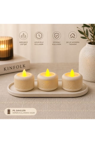 3 Lü Led Mum Seti Tealight Pilli Dekoratif Mumluk Tablalı Gerçekçi Işık Efekti Beyaz