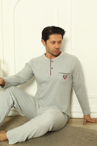 Falkom 5004 İnterlok Kalın Kışlık Çizgili Erkek Ev Pijama Takımı Gri