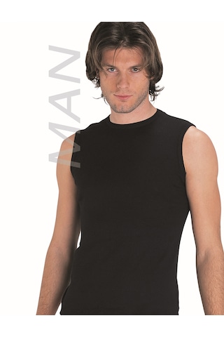 Erkek Siyah Ribana Sıfır Kollu Atlet % 100 Pamuklu Atlet 3 Lü Paket 114-3s Siyah